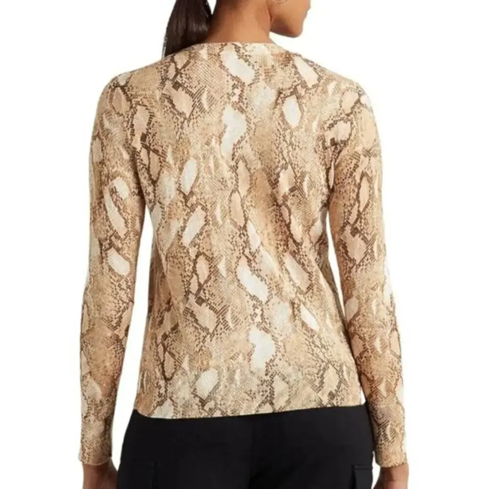LAUREN Ralph‎ Lauren Tan Snakeskin Print Cotton-Blend Cardigan Size Small New